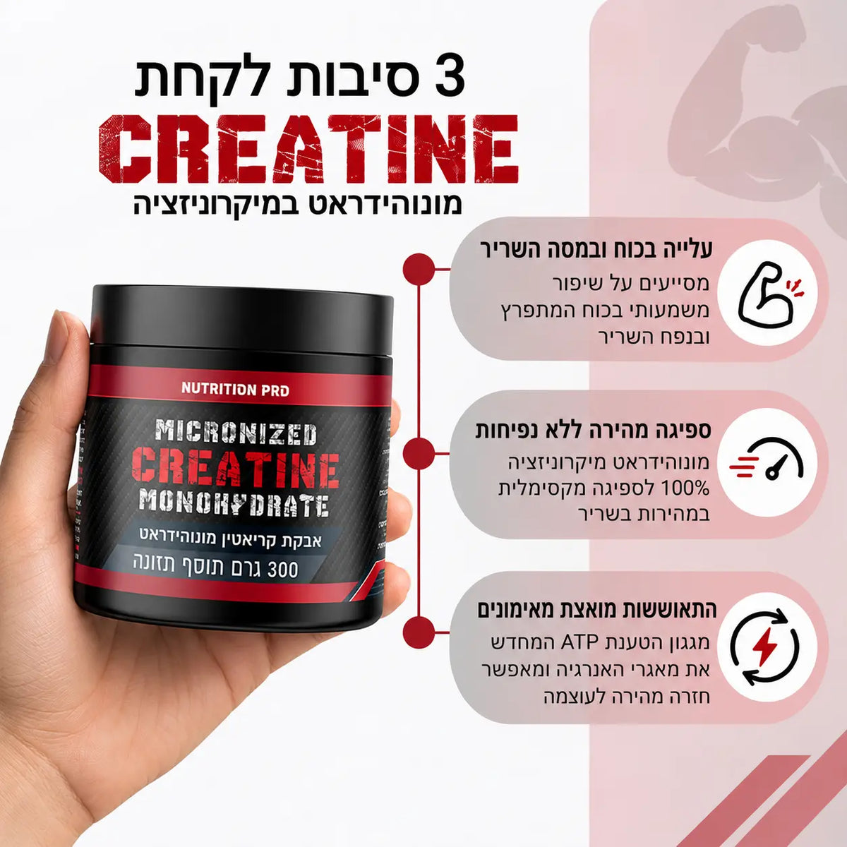 NUTRITION PRO אבקת קריאטין מונוהידראט מיקרונייזד בד"ץ מהדרין 300 גרם